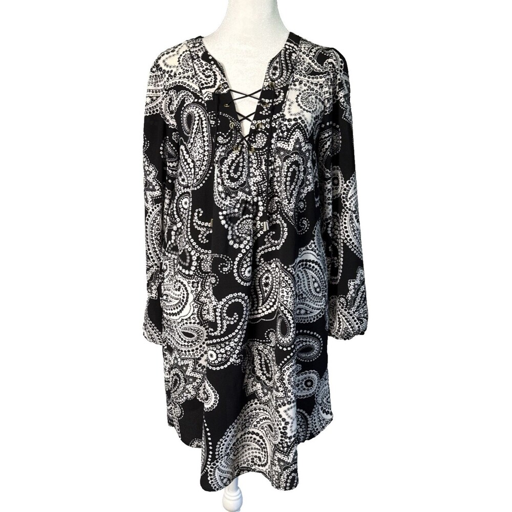 Emma & Michele PM Black/White Paisley Lace-Up Tunic Shift Dress Long Sleeve Boho